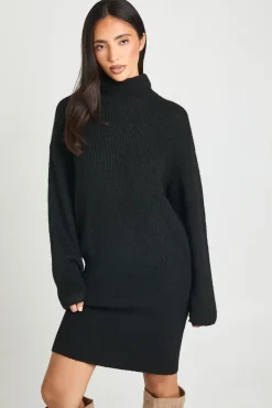 Robe mini tricotée à ourlet froncé et col haut