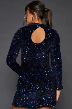 Robe Mini Évasée Bleue à Paillettes