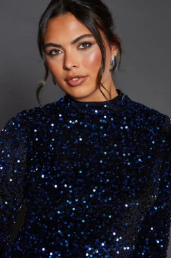 Robe Mini Évasée Bleue à Paillettes