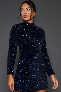 Robe Mini Évasée Bleue à Paillettes