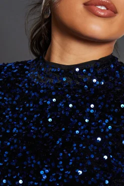 Robe Mini Évasée Bleue à Paillettes