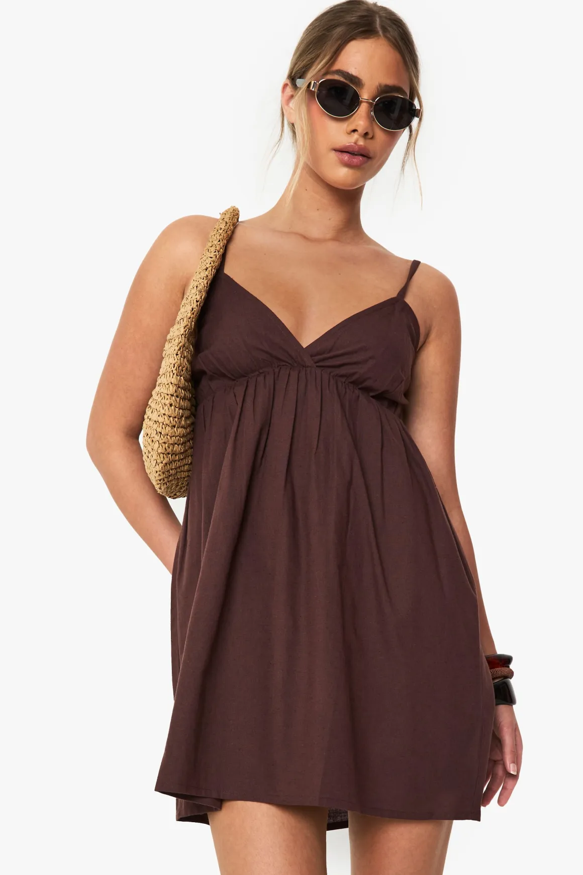 Robe Mini Évasée À Bretelles Effet Lin