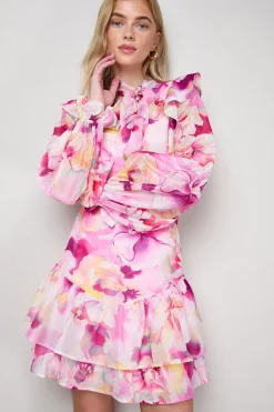 Oasis Robe Mini Évasée à Col Noué et Volants<Femme Robes À Manches Longues|Robes