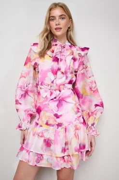 Oasis Robe Mini Évasée à Col Noué et Volants<Femme Robes À Manches Longues|Robes