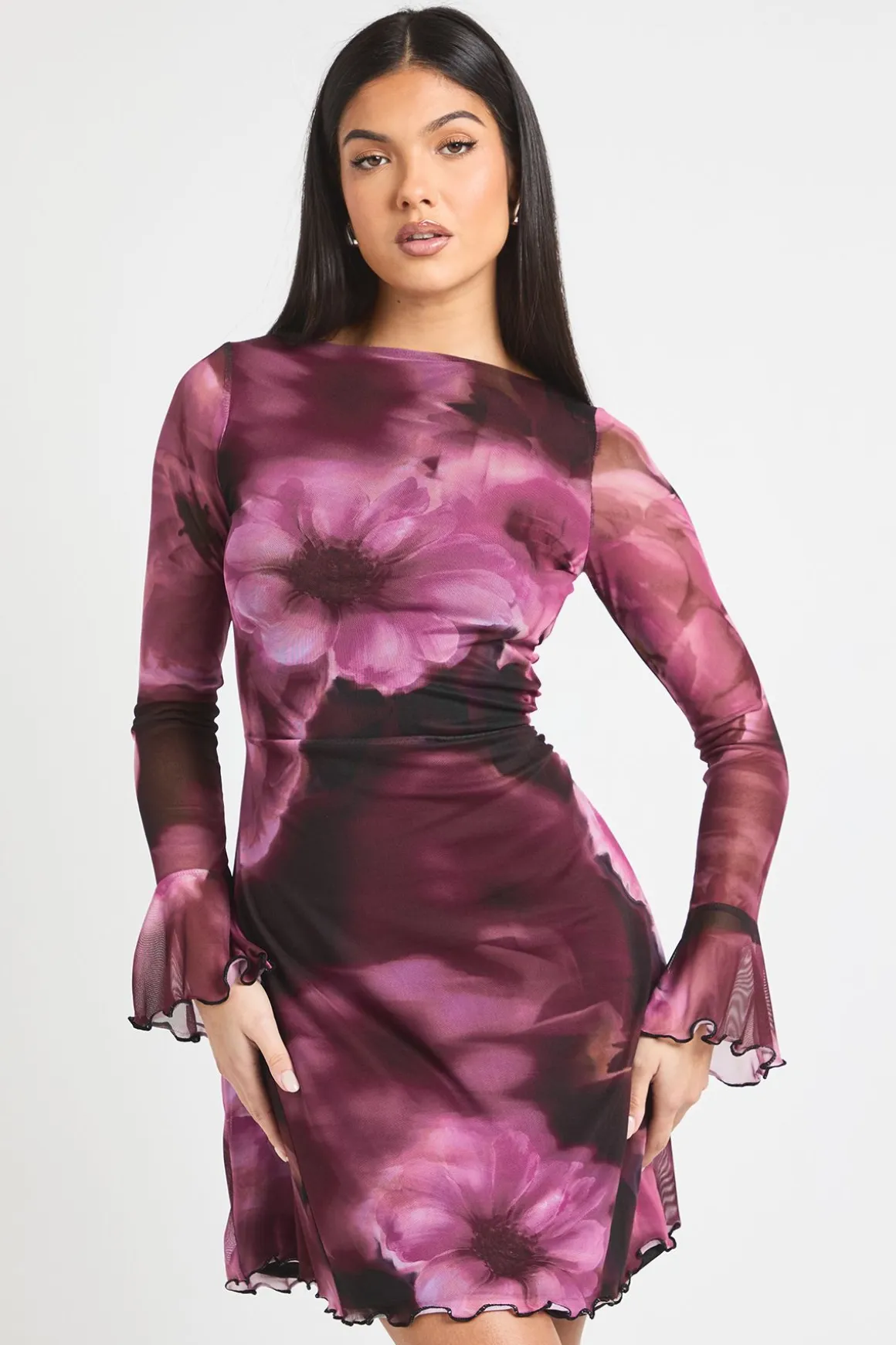 Robe Mini Évasée en Mesh à Motifs Floraux Grande Taille