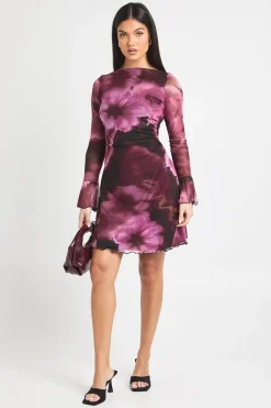 Robe Mini Évasée en Mesh à Motifs Floraux Grande Taille