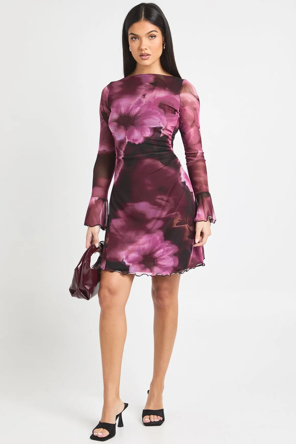 Robe Mini Évasée en Mesh à Motifs Floraux Grande Taille