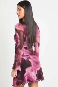 Robe Mini Évasée en Mesh à Motifs Floraux Grande Taille
