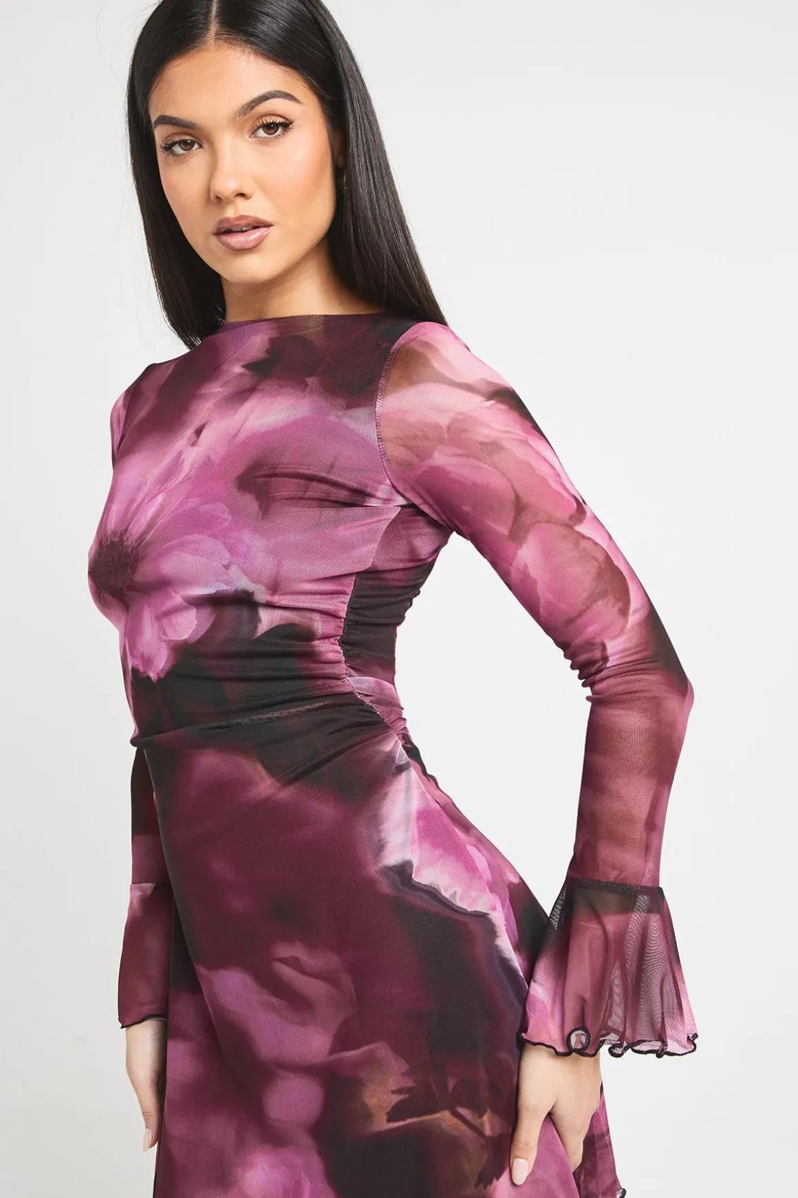 Robe Mini Évasée en Mesh à Motifs Floraux Grande Taille