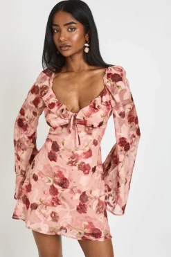 Robe Mini Évasée À Fleurs Avec Manches Amples