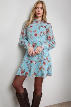 Robe Mini Évasée à Manches Longues avec Bordure en Dentelle Imprimée