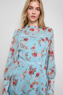 Robe Mini Évasée à Manches Longues avec Bordure en Dentelle Imprimée