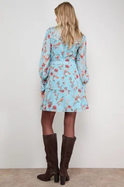 Robe Mini Évasée à Manches Longues avec Bordure en Dentelle Imprimée