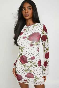 Robe Mini Évasée À Manches Évasées À Pois Et Motif Floral