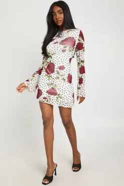 Robe Mini Évasée À Manches Évasées À Pois Et Motif Floral