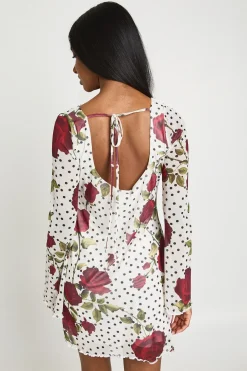 Robe Mini Évasée À Manches Évasées À Pois Et Motif Floral