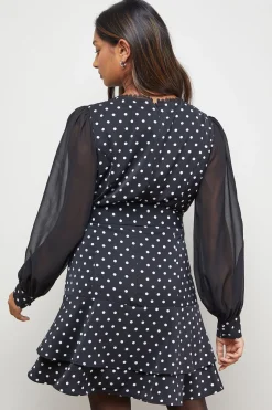 Robe Mini Évasée à Pois avec Ceinture et Manches Bouffantes
