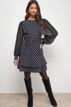 Robe Mini Évasée à Pois avec Ceinture et Manches Bouffantes