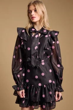 Robe Mini Évasée à Volants avec Col Noué