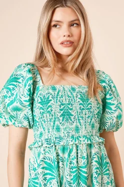 Robe Mini Verte à Bustier Froncé Motif Palmiers
