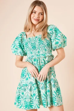 Robe Mini Verte à Bustier Froncé Motif Palmiers