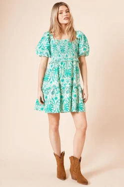 Robe Mini Verte à Bustier Froncé Motif Palmiers