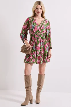 Robe Mini Verte à Motifs Floraux avec Devant Croisé et Manches Bouffantes
