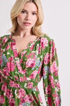 Robe Mini Verte à Motifs Floraux avec Devant Croisé et Manches Bouffantes