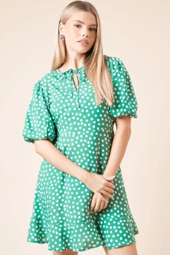 Robe Mini Verte à Pois avec Manches Bouffantes et Nœud Devant
