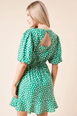Robe Mini Verte à Pois avec Manches Bouffantes et Nœud Devant