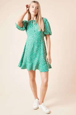 Robe Mini Verte à Pois avec Manches Bouffantes et Nœud Devant