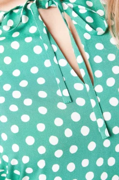 Robe Mini Verte à Pois avec Manches Bouffantes et Nœud Devant