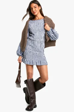 boohoo Robe mini vichy froncée à manches longues<Femme Robes Moulantes|Robes À Manches Longues