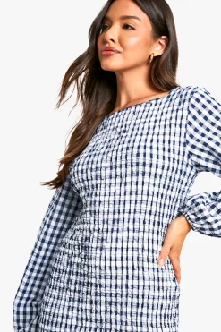 boohoo Robe mini vichy froncée à manches longues<Femme Robes Moulantes|Robes À Manches Longues