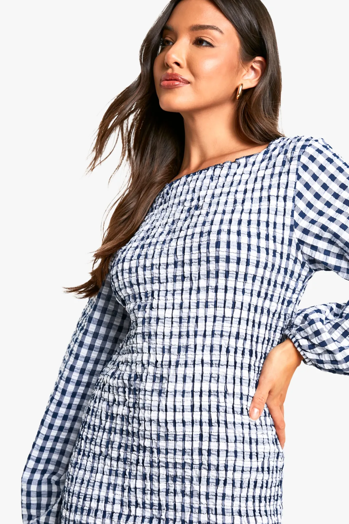 boohoo Robe mini vichy froncée à manches longues<Femme Robes Moulantes|Robes À Manches Longues