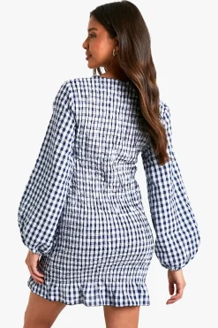 boohoo Robe mini vichy froncée à manches longues<Femme Robes Moulantes|Robes À Manches Longues