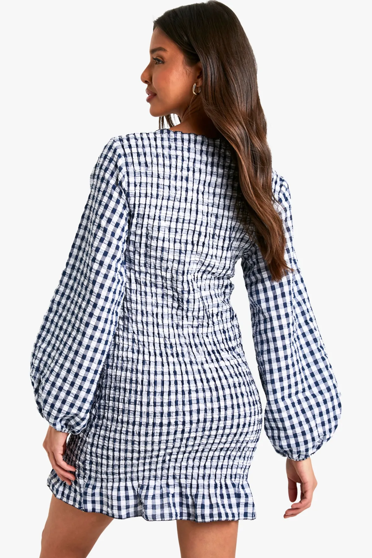 boohoo Robe mini vichy froncée à manches longues<Femme Robes Moulantes|Robes À Manches Longues