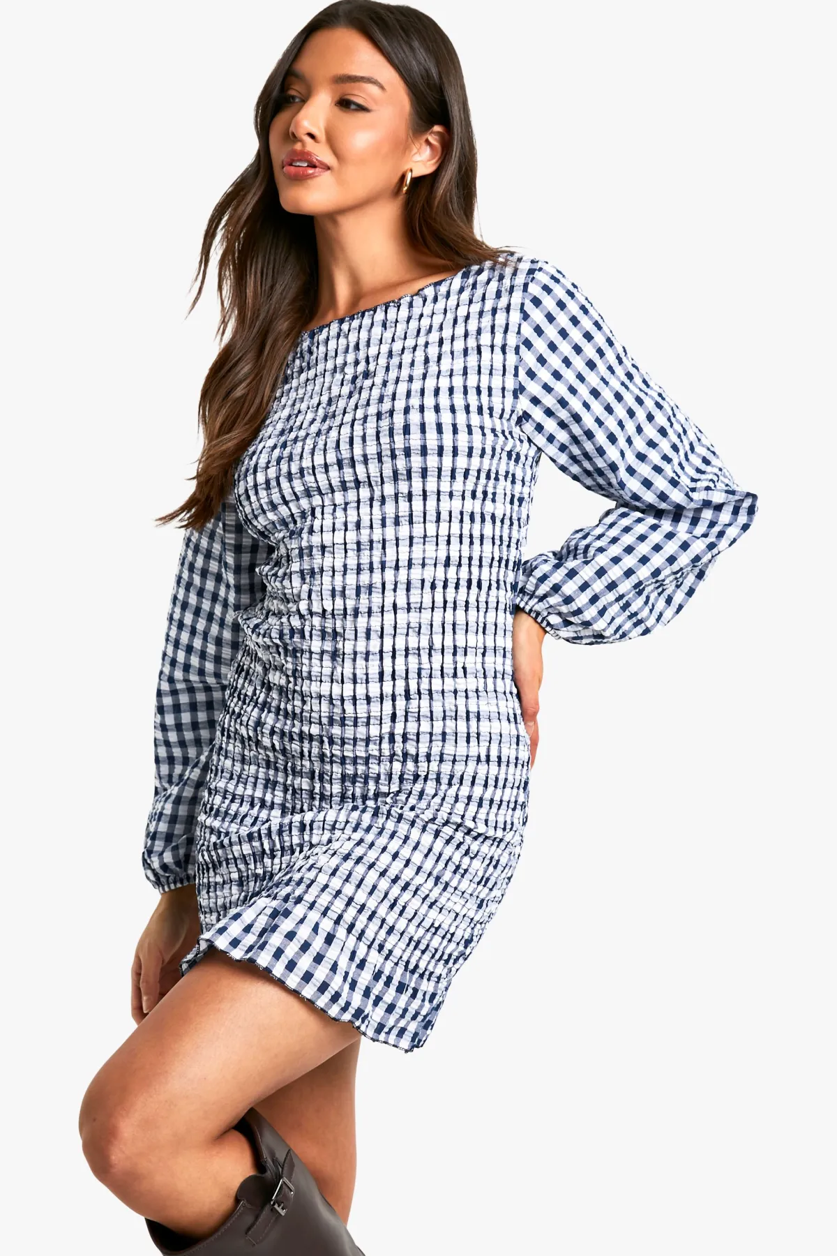 boohoo Robe mini vichy froncée à manches longues<Femme Robes Moulantes|Robes À Manches Longues