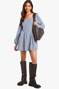 Robe mini vichy à manches longues