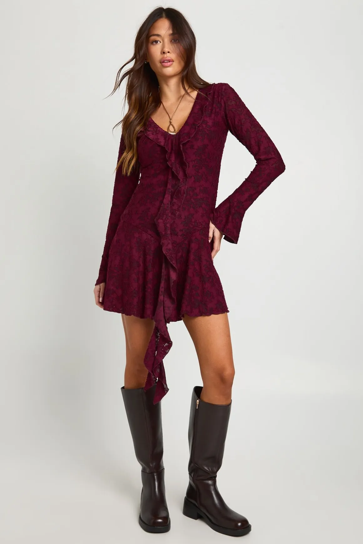 Robe Mini À Volants Devant Motif Floral Dévoré