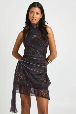 boohoo Robe Mini à Volants en Maille Léopard avec Col Licou<Femme Robes Patineuses|Robes