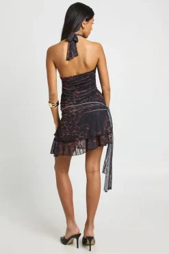boohoo Robe Mini à Volants en Maille Léopard avec Col Licou<Femme Robes Patineuses|Robes