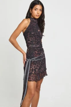 boohoo Robe Mini à Volants en Maille Léopard avec Col Licou<Femme Robes Patineuses|Robes
