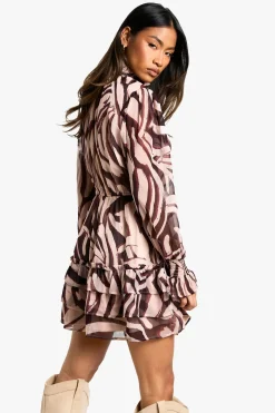 Robe mini zèbre en chiffon froissé à col haut