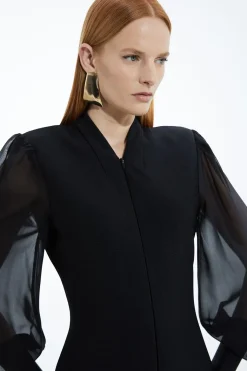 Robe Moulante Bandage avec Détail Zip et Manches en Mousseline