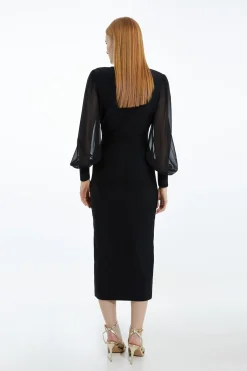 Robe Moulante Bandage avec Détail Zip et Manches en Mousseline