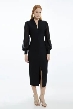 Robe Moulante Bandage avec Détail Zip et Manches en Mousseline