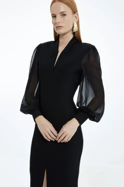 Robe Moulante Bandage avec Détail Zip et Manches en Mousseline