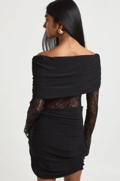 Robe Moulante Bardot Soyeuse avec Inserts en Dentelle