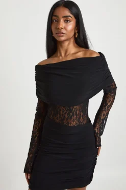 Robe Moulante Bardot Soyeuse avec Inserts en Dentelle